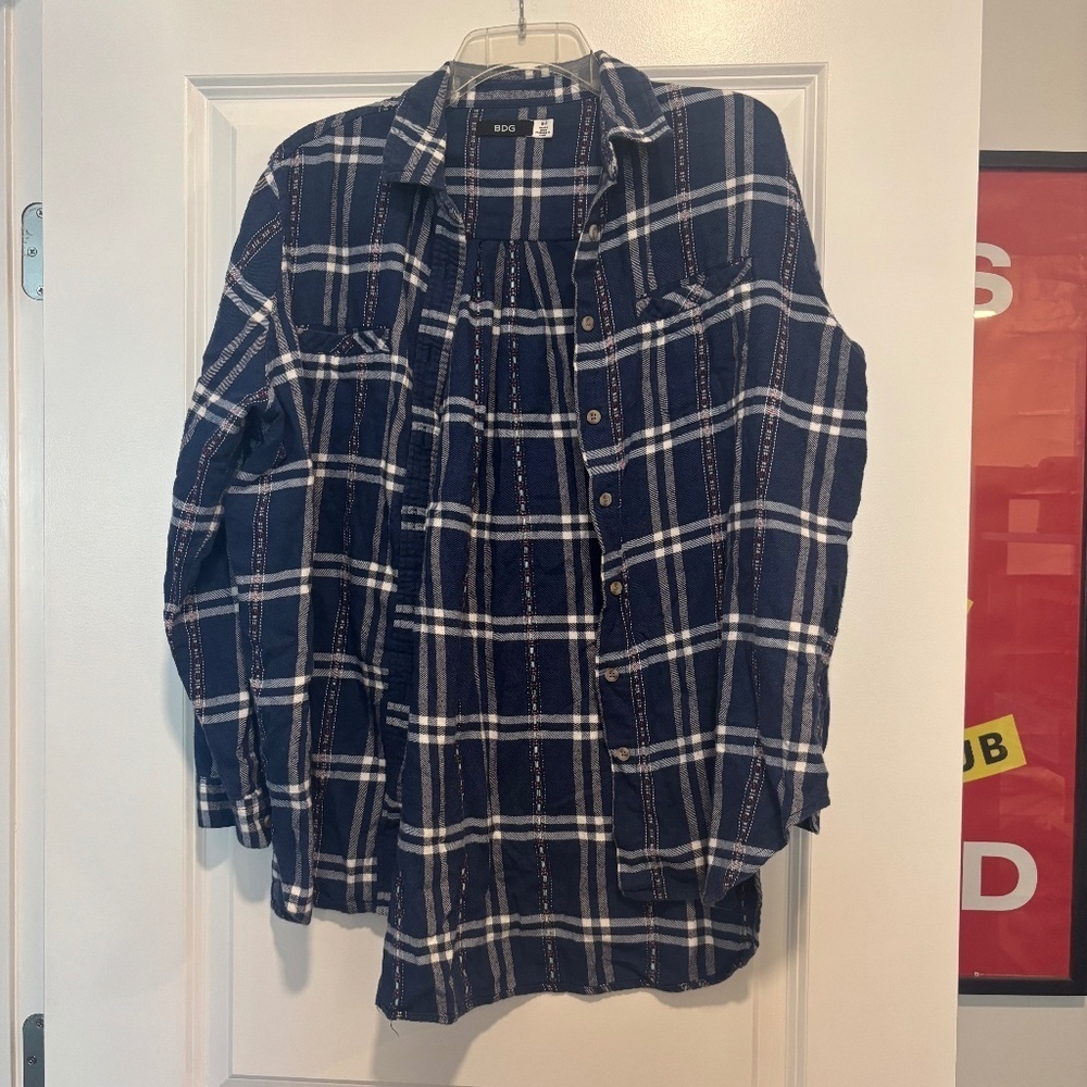 BDG Flannel Shirt Women’s Blue Plaid Oversized Button Urban Outfitters